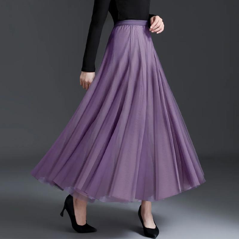 Весенне-осенняя женская юбка, пышная юбка длиной до щиколотки, тонкая юбка трапециевидной формы из сетчатой ​​пряжи с высокой талией и лямкой феи