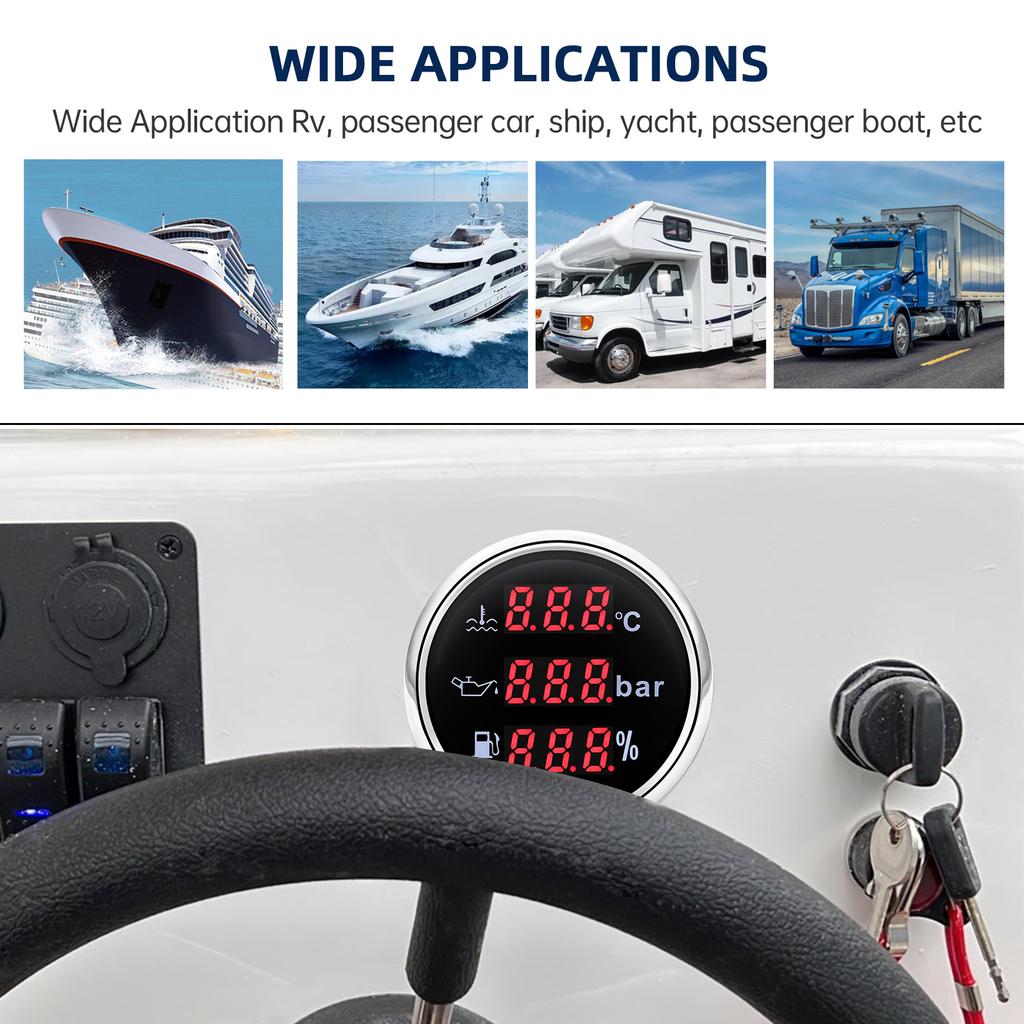 52 мм Цифровой 3 в 1 Водонепроницаемый Автомобильный Морской Датчик Для 12В24В Температура Воды Давление Масла Вольтметр Уровень Топлива С Сигналом Тревоги