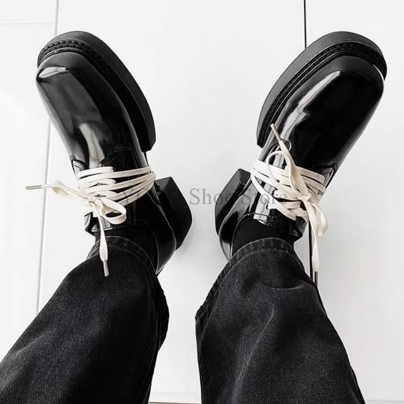 Мужские туфли дерби на шнуровке в стиле ретро-преппи, контрастный цвет, нишевый дизайн, лакированная кожа, квадратная головка, толстая подошва, простые, новые