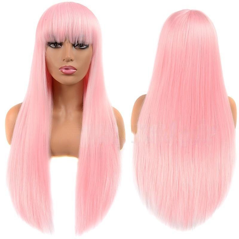MERISIHAIR Long Straight Wig with Bangs Synthetic Fiber Long Straight Black Brown Red Wine Pink Color Wig