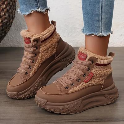 Женские теплые высокие кроссовки с подкладкой из искусственного меха - Коричневые и бежевые, круглый носок, толстая подошва, повседневная удобная обувь