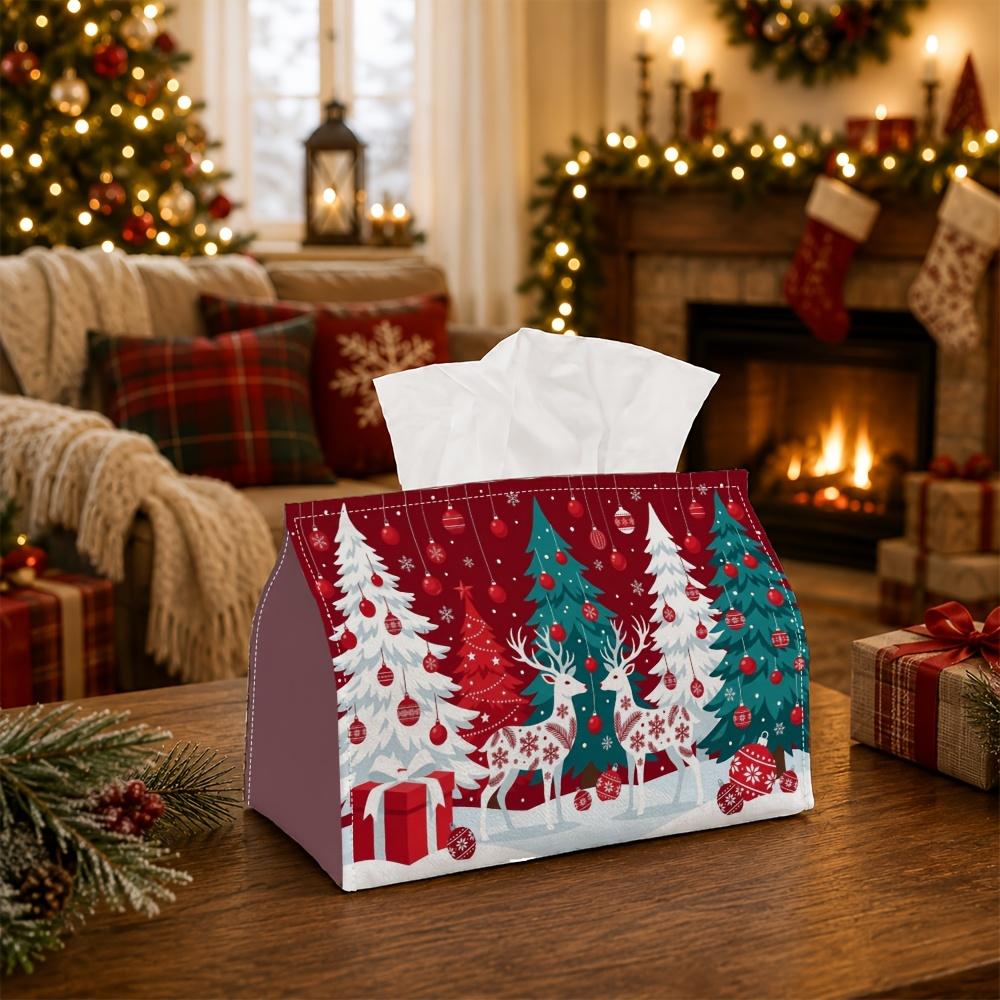 1pc Magical Winter Forest Tissue Box - Reindeer Duo Pine Tree Napkin Storage Box, Suitable for Rolls/Facial Tissues/Single Sheets, Available for Chris