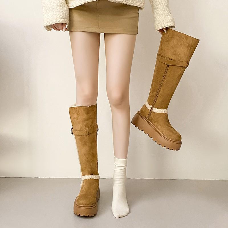 Модные женские высокие сапоги-трубы с флисовой подкладкой, теплые зимние сапоги для снега с узлом из бархата, длинные сапоги до колена, корейский стиль, средняя труба