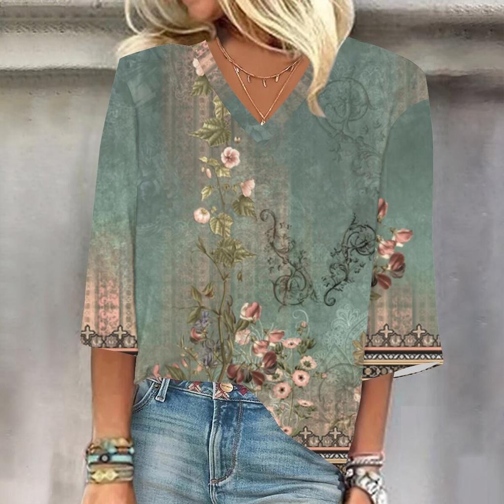 Женская рубашка, блузка, повседневные свободные рубашки, рукава 3/4, топы с v-образным вырезом и принтом, топы с принтом, футболки, футболки