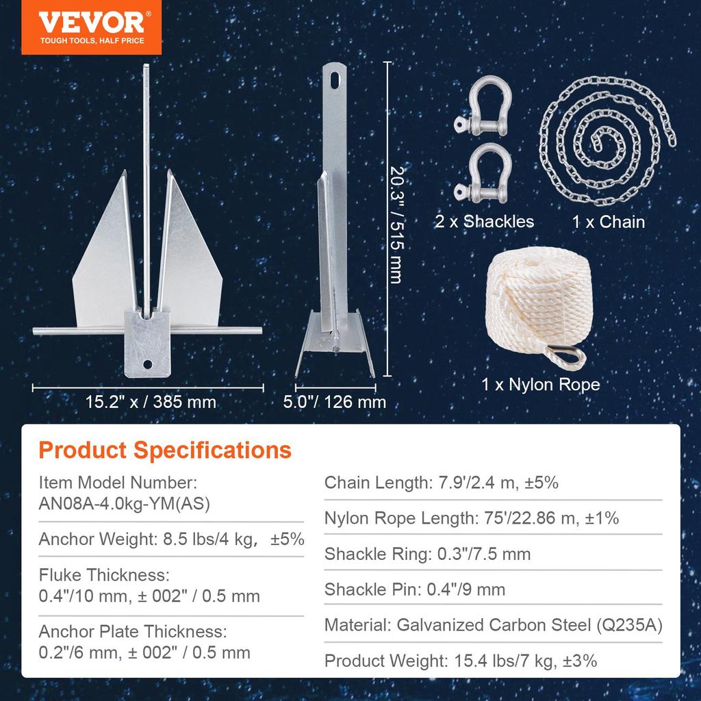 VEVOR Fluke Style Anchor Kit, 8.5 LBS Hot-Dipped Galvanized Steel Fluke Anchor with 7.9' Chain, 75' Rope and Two 0.4" Shackles