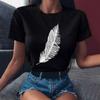 Summer Feather Print Casual Cute Plus Size Base Shirt Made of Pure Cotton Loose Round Neck T-Shirts Women’s