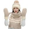 Women Winter 3Pcs Pompom Beanie Hat Long Scarf Gloves Set Contrast Color Chunky Knit Plush Lined Skull Cap Neck Warmer