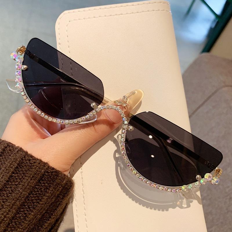 Vintage Half Frame Cat Eye Sunglasses Women Luxury Brand Designer Sun Glasses Punk Popular Diamond Metal Eyeglasses Uv400