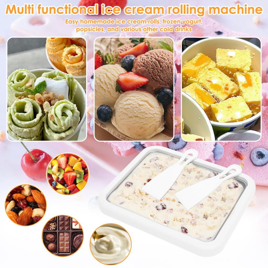 Rolled Ice Cream Tray DIY Frozen Yogurt Maker Trays with 2 Scrapers Portable Rolled Ice Cream Maker Kit for Home Ice-cream Tools