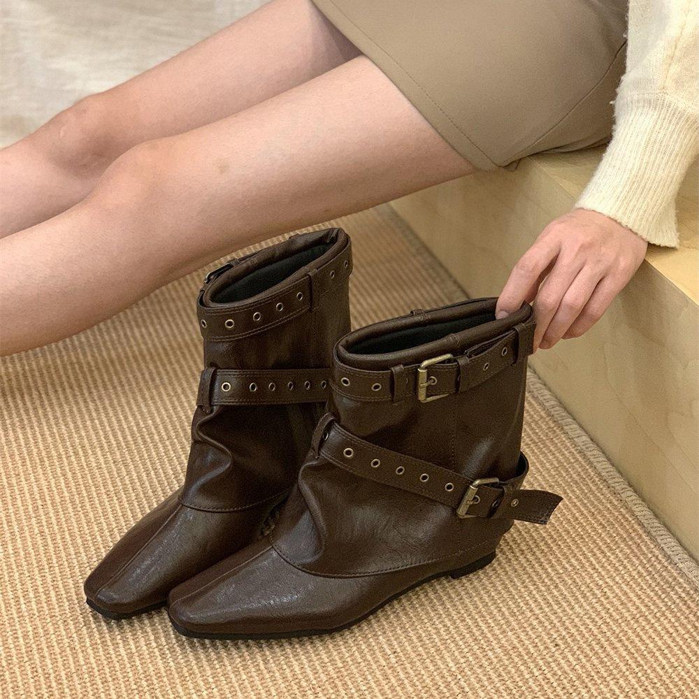 American Spice Girls Belt Buckle Pants Boots Fashion Western Cowboy Boots Autumn and Winter Retro Square Martin Boots