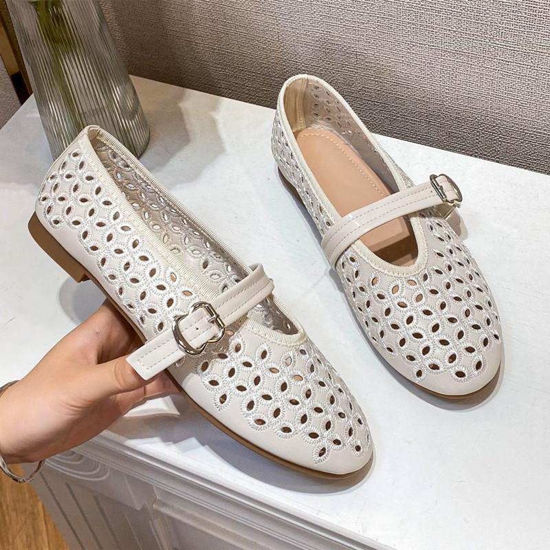 2025 Embroidery Hollow Out Women Ballet Flats Comfortable Soft Soles Mary Janes Lazy Walking Loafers Casual Girls Shoes