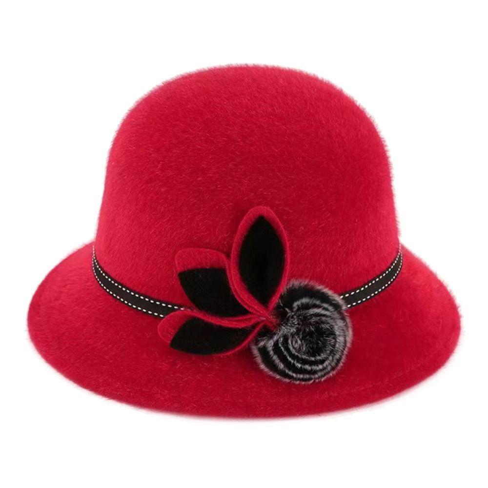 Ladies Casual Basin Hat Bowler Hat With Flower Wool Hats Fedoras Cap Dome Hat