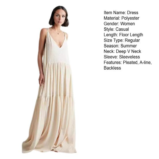 Леди пляжное платье Глубокий V-образный вырез Свободное трапециевидное лоскутное платье с открытой спиной и без рукавов Плиссированное платье с ремешками для отдыха Курортная одежда Макси-платье Сарафан длиной до пола