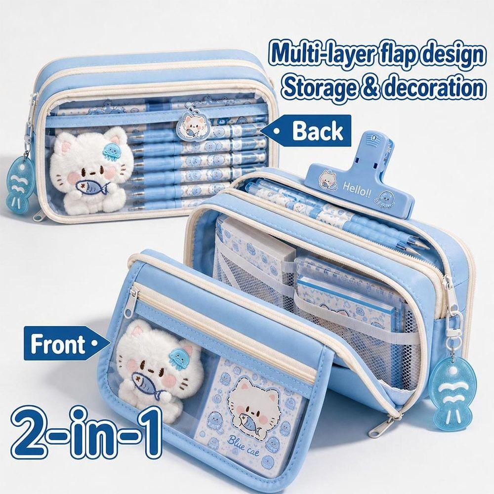 Transparent Pencil Case Multi-Pockets Pencil Pouch Durable Stationery Bag