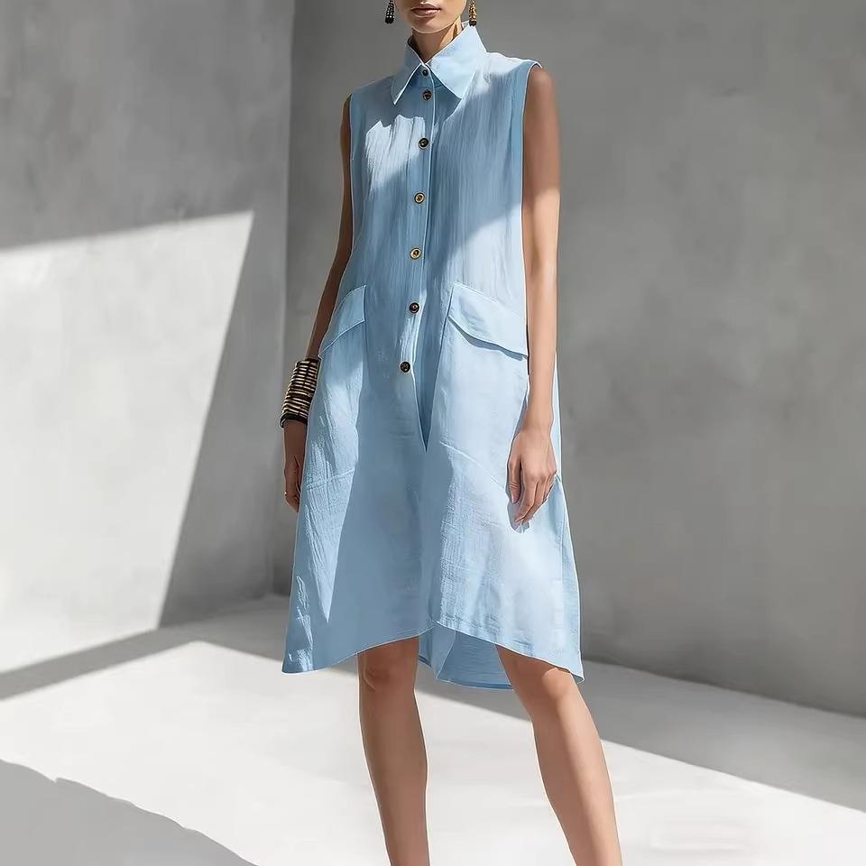 New 2026 European Summer Solid Color Sleeveless Cotton Linen Lapel Dress