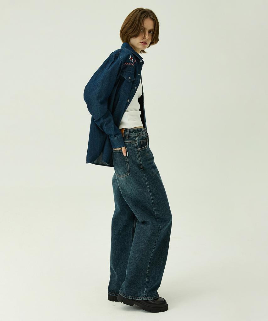 MAGOODGAN Рабочая 2119 Ковбойская вышитая стандартного кроя джинсовая рубашка среднего индиго