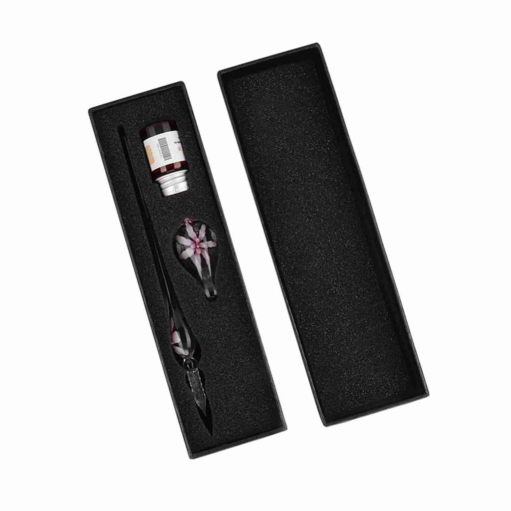 Retro Elegant Flower Glass Dip Pen Signature Ink Fountain Pen with Ink Penholder Pink