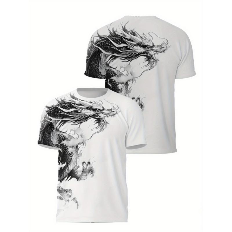 Cool Ink Wash Style Dragon Design Men's Tee Short Sleeve Round Neck Casual Summer Top Unique Asian Culture Clothing For Martial Arts Fans