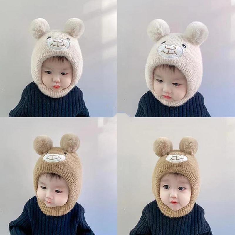 Cute Bear Beanie Cap For Baby Cartoon Warm Knitted Hat Autumn Winter Toddler Ear Protection Caps