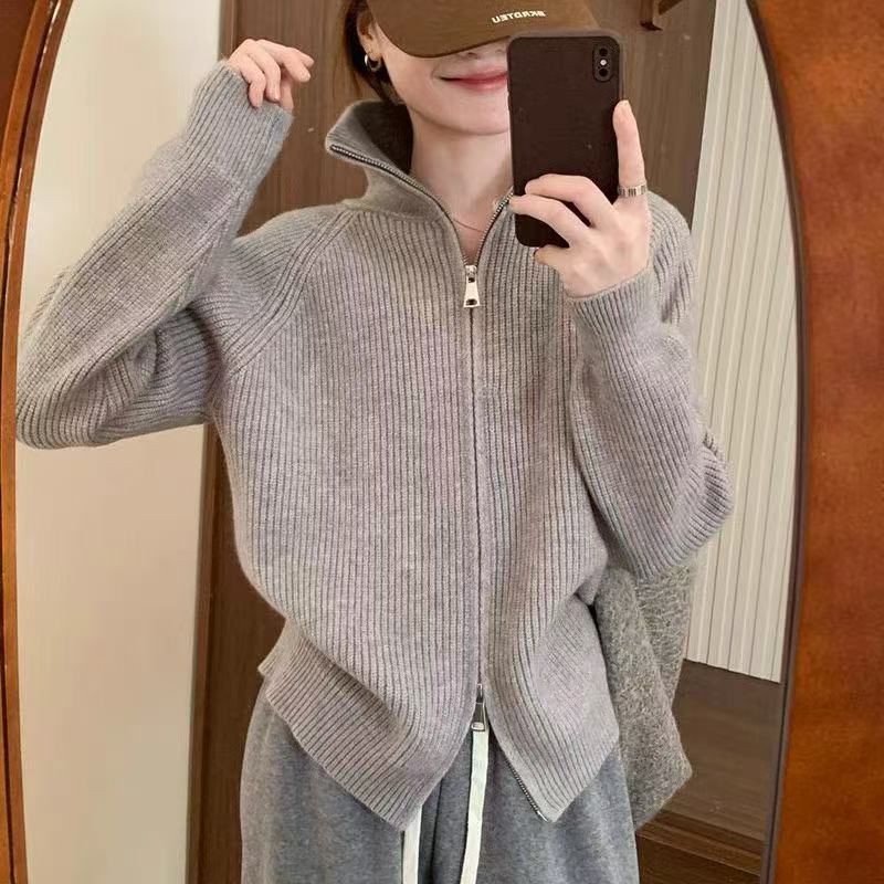 Korean version stand-up collar double zipper knitted cardigan women's 2025 autumn and winter thickened loose sweater jacket lazy style high sense