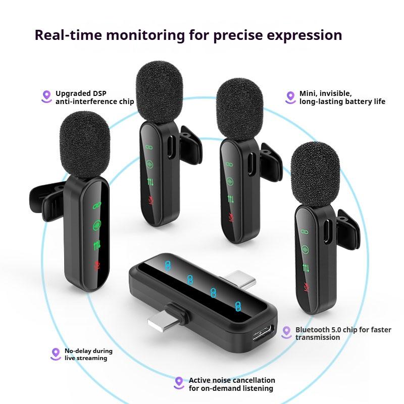 Pink 1 in 4 Lavalier Microphone Noise Cancelling Wireless With Wind Muff Lapel Mic For iPhone Android Camera 4 Pack LED Display 6