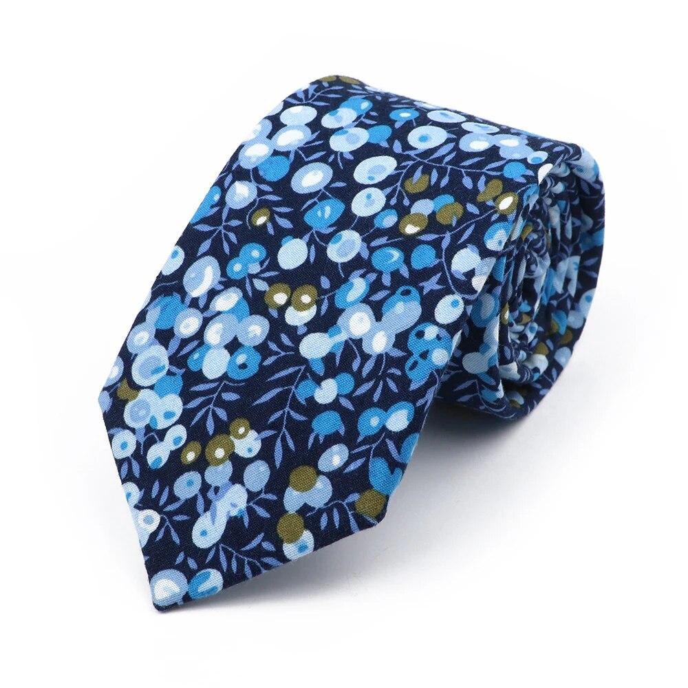 Floral Tie, For Men Women, 100% Cotton, Elegant Flower Necktie, White, Blue, Narrow Skinny, Wedding, Party
