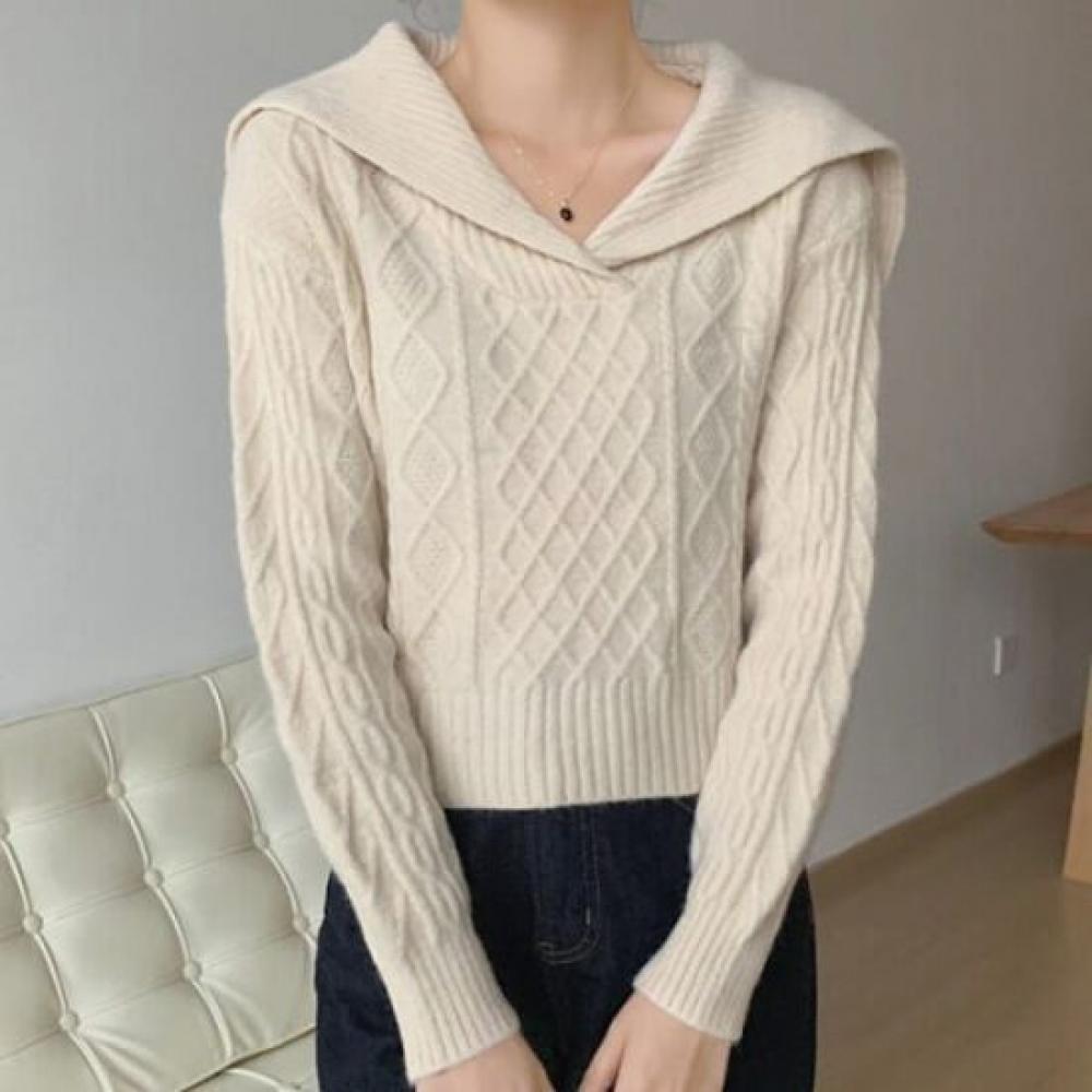 Navava Women Lovely Cable Collar Crop Long Sleeve KniT T Nk2788