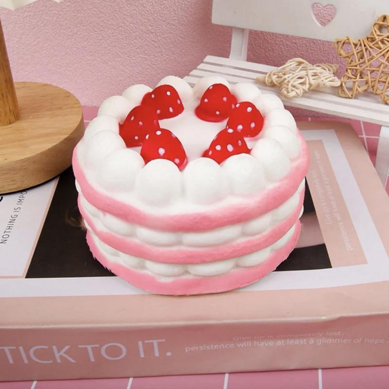 Cute Strawberry Birthday Cake PU Slow Rising Soft Squeeze Fidget Toy Stress Reliever for Kids Adults Office Use