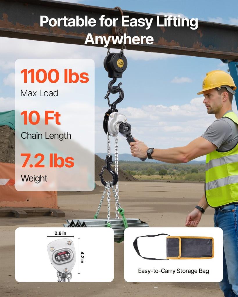 Manual Lever Chain Hoist, 1/2T 500KG Capacity Heavy Duty Come Along, 3M Lift G80 Alloy Steel Chain With Dual Pawl Mechanical Brake, 360° Rotating