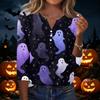 Женская повседневная футболка с принтом на Хэллоуин, V-образный вырез, на пуговицах спереди, рукав три четверти, легкая, мягкая ткань, удобная посадка