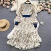 Autumn Lace Vintage Fairy Dress Women Patchwork Elegant Party Midi Dress Female Bow Korean Fashion One Piece Floral Dress 2024