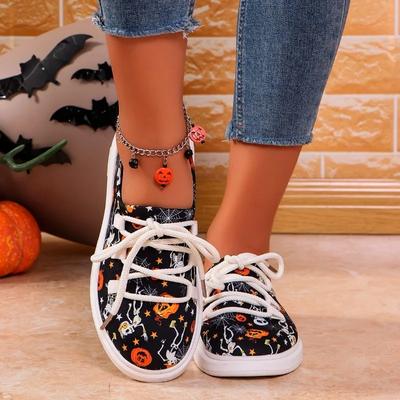 Лоферы Женские Хэллоуин Тыква Череп Графический Принт На шнуровке Слипоны Плоские Холщовые большого размера женская обувь zapatos de mujer