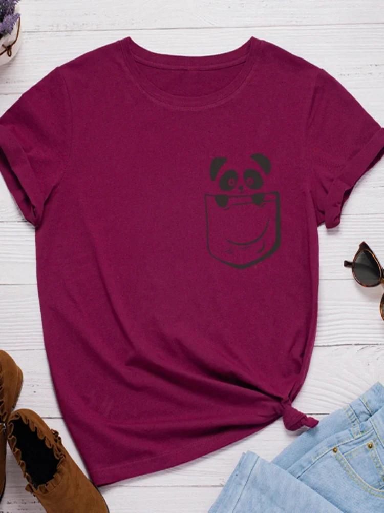 Милая женская футболка с принтом карманной панды, короткий рукав, O-образный вырез, свободная женская футболка, женская футболка, топы, одежда, женские футболки