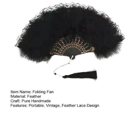 Винтажный складной веер с перьями и кружевом с кисточками, портативный летний ручной веер, украшение для танцевального представления, аксессуары для вечеринок
