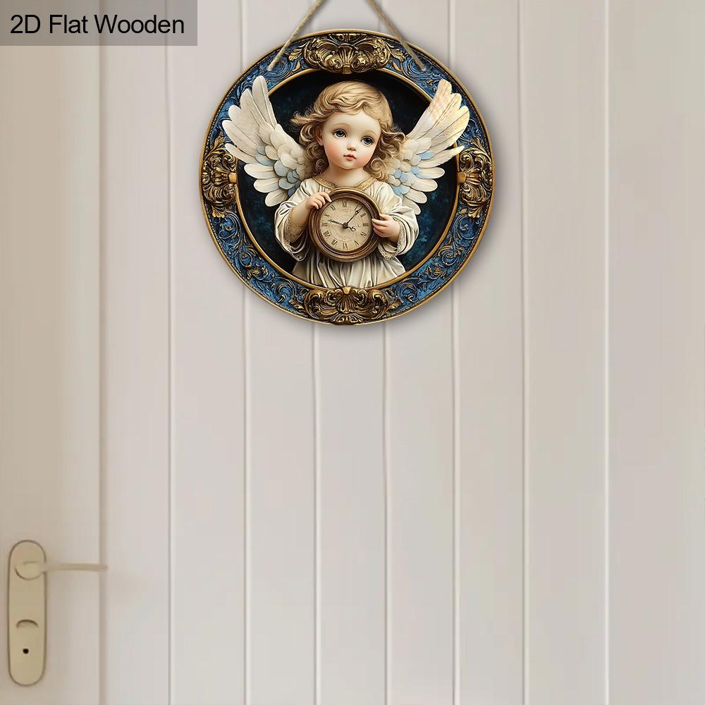 Wooden Sign Adorable Angel & Clock Pattern - Charming Round Artwork for Front Door Wall Home Hanging Decoration