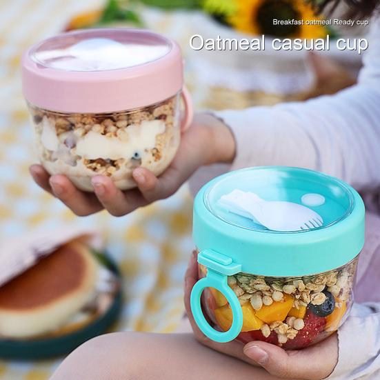 600ml Oatmeal Cup Visible Airtight Lid Thickened with Spoon Food Storage Portable Overnight Yogurt Milk