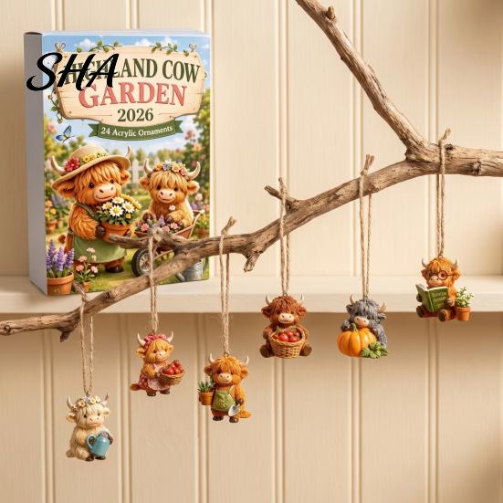Indoor Festive Decorations Highland Cow Garden Advent Calendar 2026, 24 Day Christmas Countdown with 2D Decorative Window Ornaments Acrylic