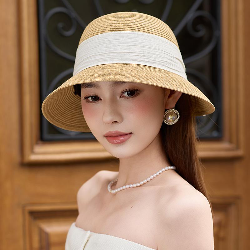 Sunscreen straw hat women's summer UV protection foldable bow sun hat elegant straw sun hat