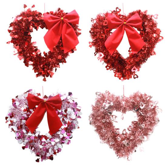 Tinsel Heart Shaped Wreath with Bow for Front Door Valentine's Day Red Pink Heart Wreath
