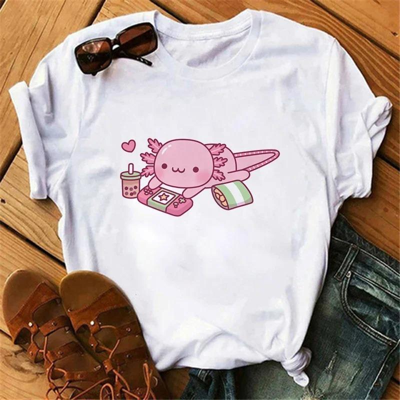 Смешная футболка с аксолотлем для женщин Relaxolotl Kawaii футболка с коротким рукавом женская одежда летние топы Y2k повседневная мультяшная графическая футболка