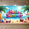 Tropical Beach Backdrop Hibiscus Flower Accent Summer Beach Banner Hello Summer Banner Seaside Coastal Holiday Banner