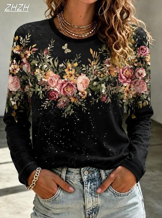 Women's T Shirt Print Floral Graphic Plants Fashion Classic Casual Long Sleeve Crew Neck Regular Tops Daily