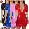 Women Colorful Faux  Dress Nightclub Dress High Elastic Deep V-Neck Zipper Short Sleeve Short Skirt Wrapped Hip Dress