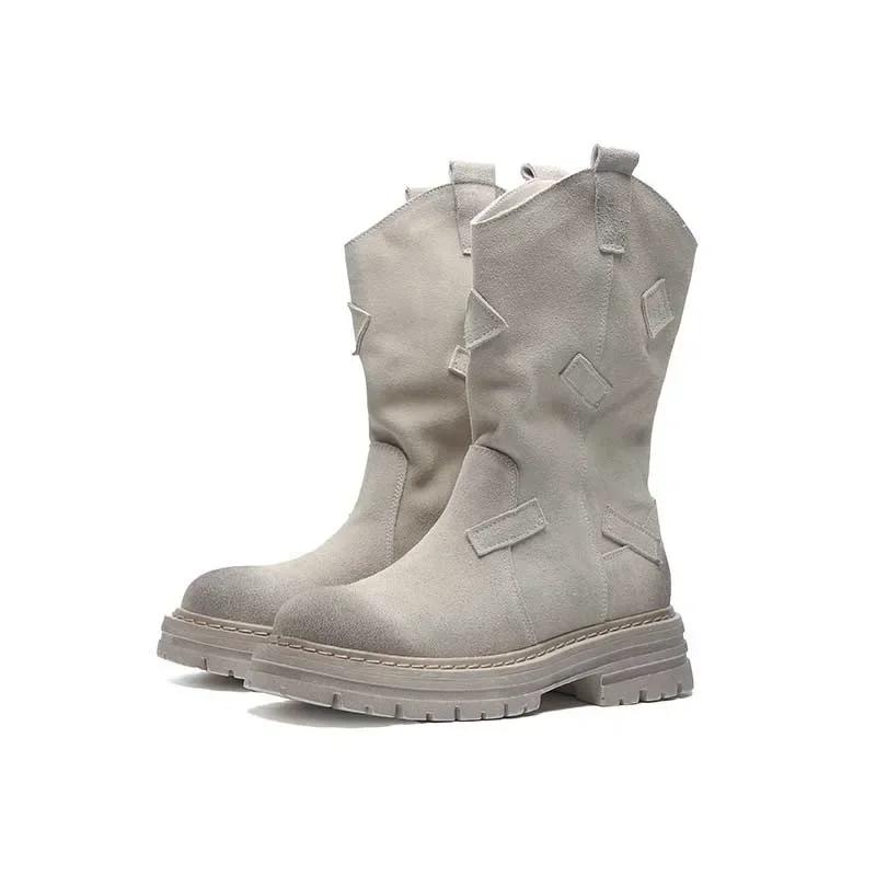 Женские ковбойские сапоги в стиле ретро, осенние, новые, до середины голени, с круглым носком, уличные, нескользящие, дизайнерские, ботильоны, балетки, Mujer Zapatos