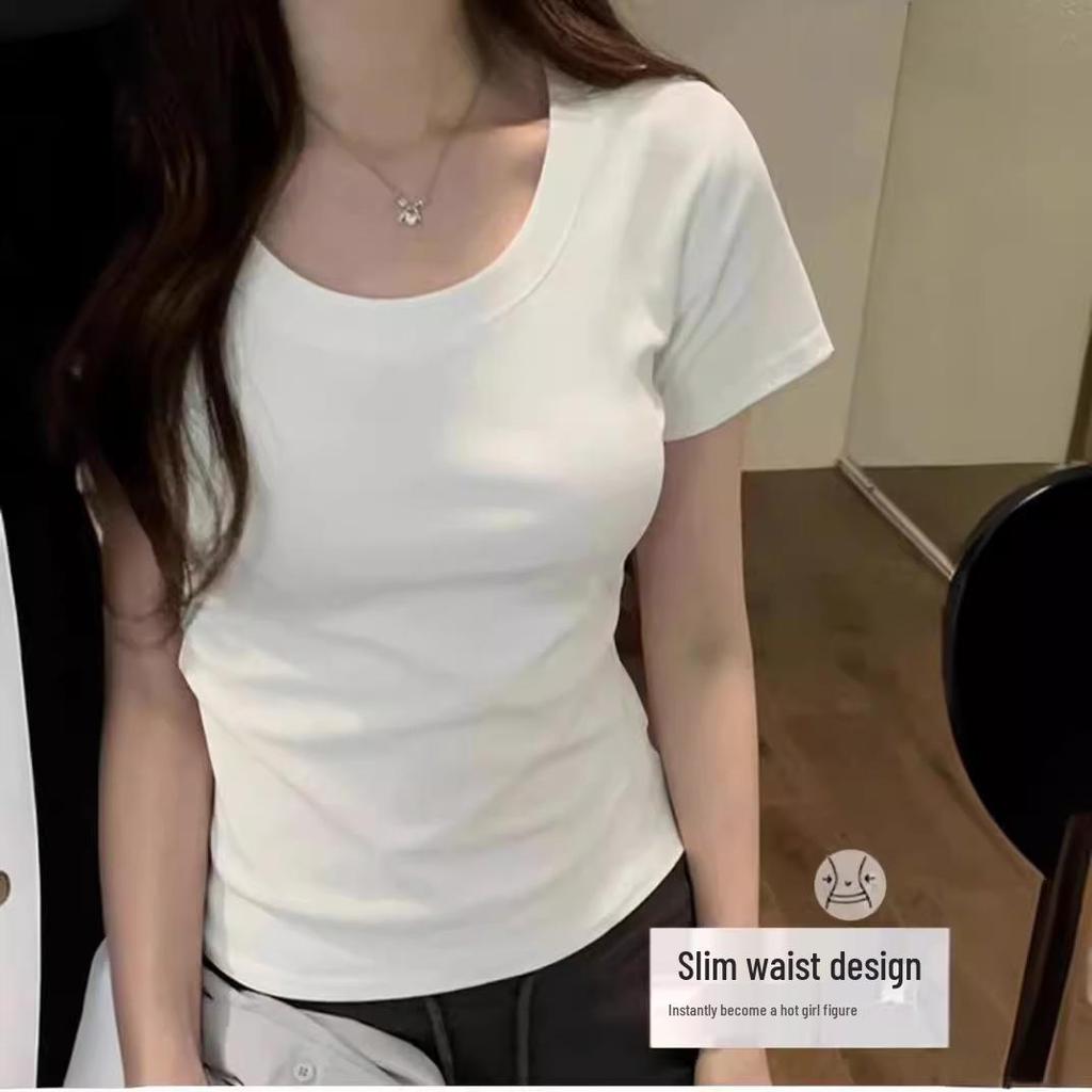 Женская черно-белая летняя футболка с коротким рукавом, универсальный круглый вырез, облегающий крой, трендовый короткий топ
