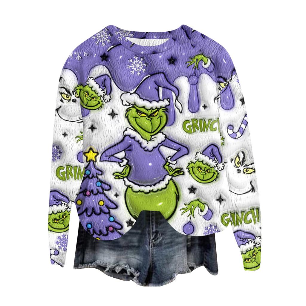 Women's Fashion Round Neck Pullover Top Long Sleeve Tee Christmas Printed Sweatshirt