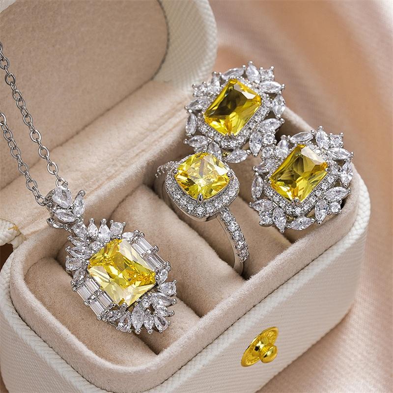 Huitan Complete Yellow CZ Jewelry Suite for Women Earrings Pendant Necklace Ring CZ Bridal Engagement Wedding Gift BoxGood product