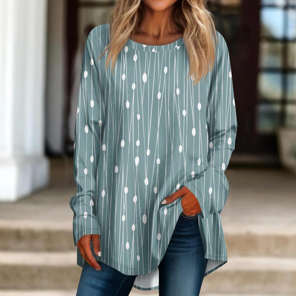 Женская повседневная футболка больших размеров с длинными рукавами и круглым принтом, верхний пуловер