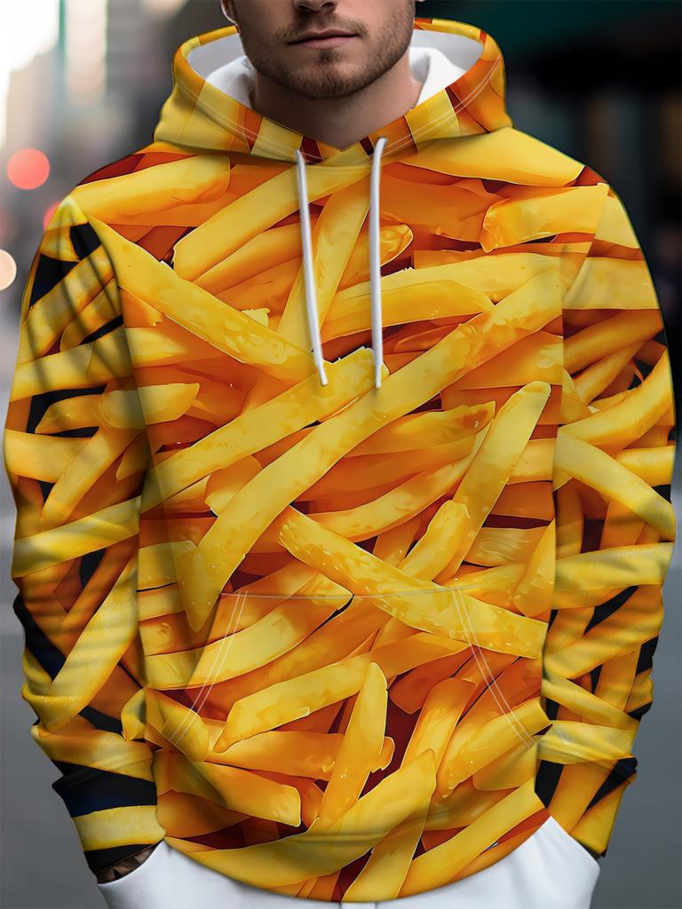 Fashion Hooded Sweatshirt, Casual Sporty Hoodie with a Row of Golden French Fries, Front Pocket - Stretch Blend, Suitable for Spring and Autumn,