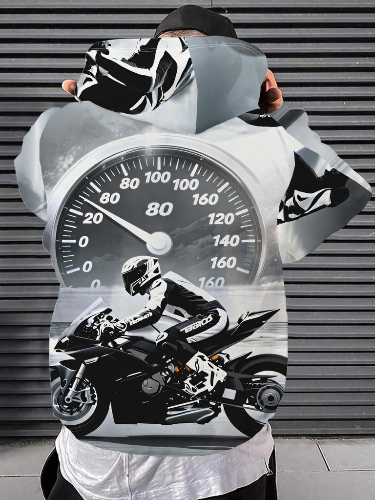 Fashion Hooded Sweatshirt, Casual Sporty Hoodie with Speedometer and Motorcyclist Racing on Track Graphic, Dynamic Design with Front Pocket - Stretch